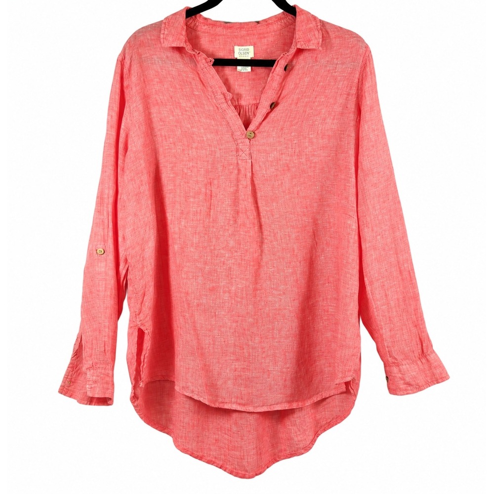 Linen Tunic Shirt M Coral Roll Tab Sleeve Coastal Grandmother